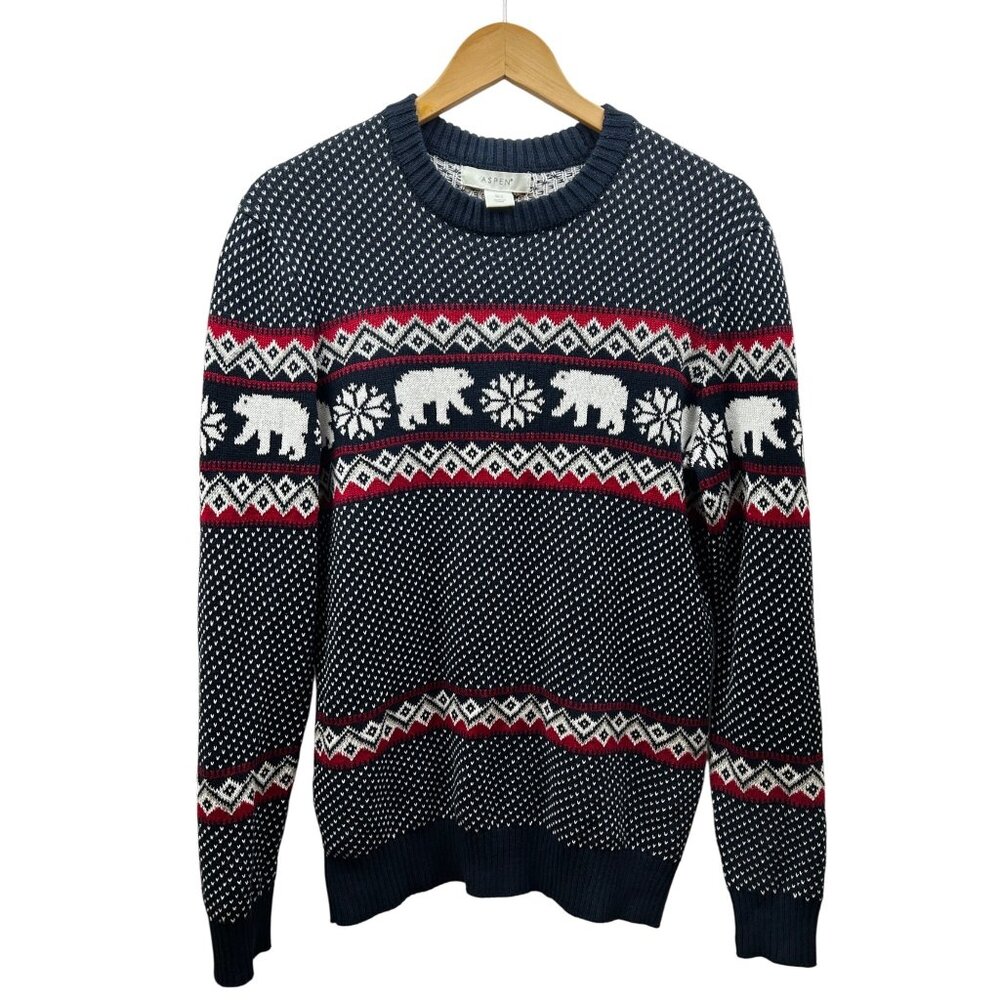 Aspen Fair Isle Polar Bear Sweater Mens Size S Navy Red White Winter Knit Cotton
